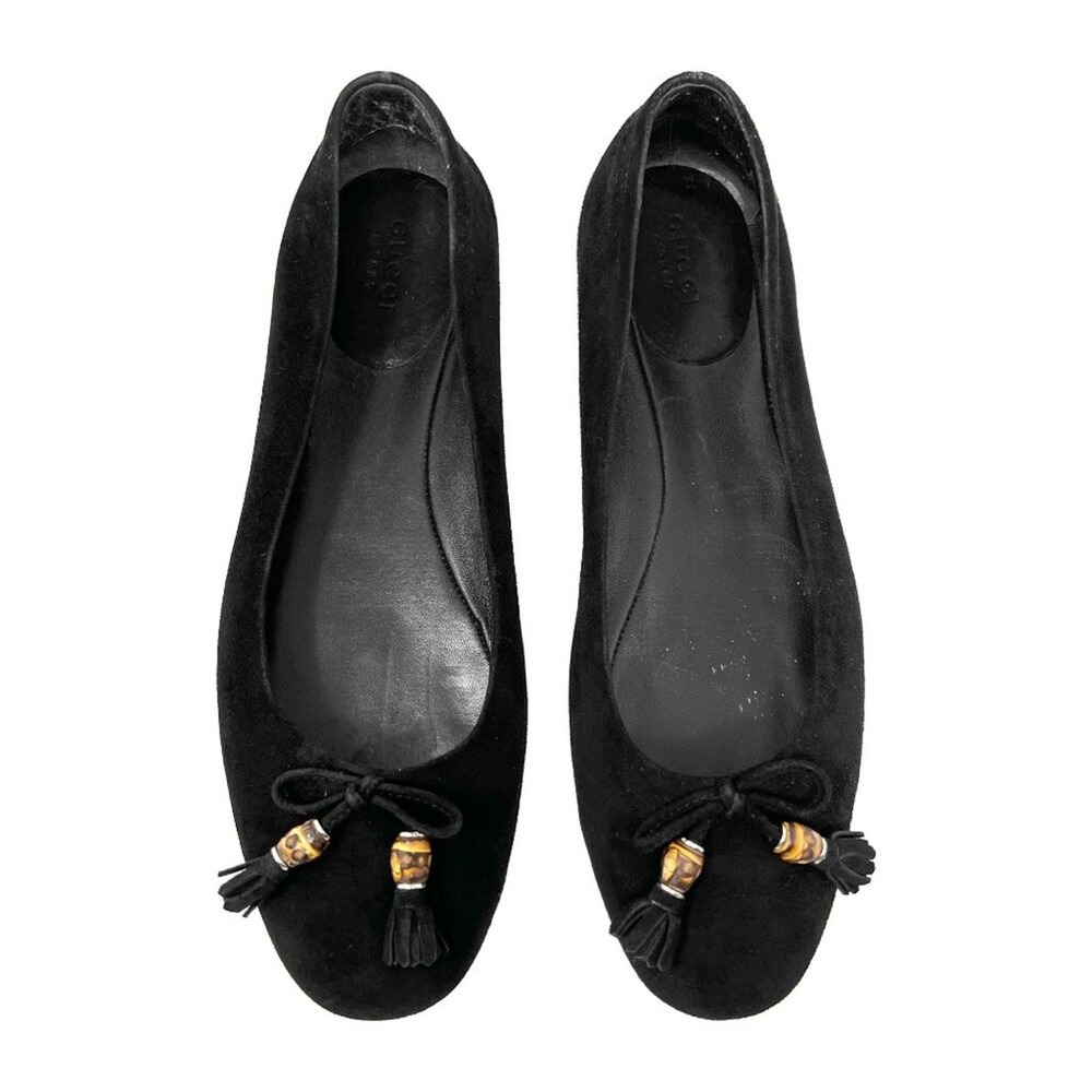 Gucci Black‎ Suede Ballet Flats Bamboo Bow Shoes 37